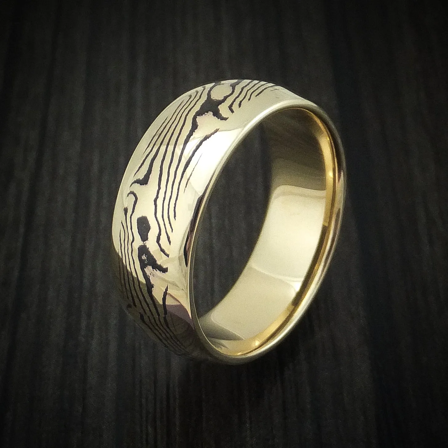 14K Yellow Gold Men's Ring with Mokume Gane Inlay Custom Made Band