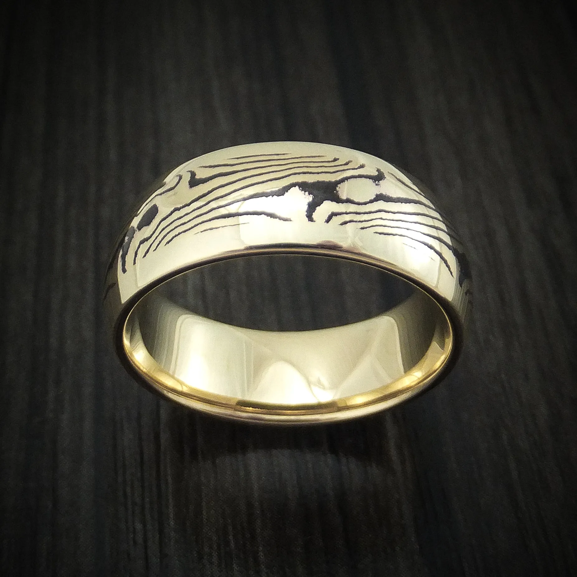 14K Yellow Gold Men's Ring with Mokume Gane Inlay Custom Made Band