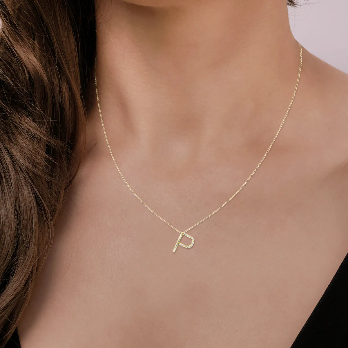 1/6 Carat Tw P Initial Diamond Pendant Necklace In 10K Yellow Gold With Adjustable Chain