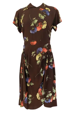 1940s Unlabeled Spectacular Floral Printed Brown Silk Swing Dress