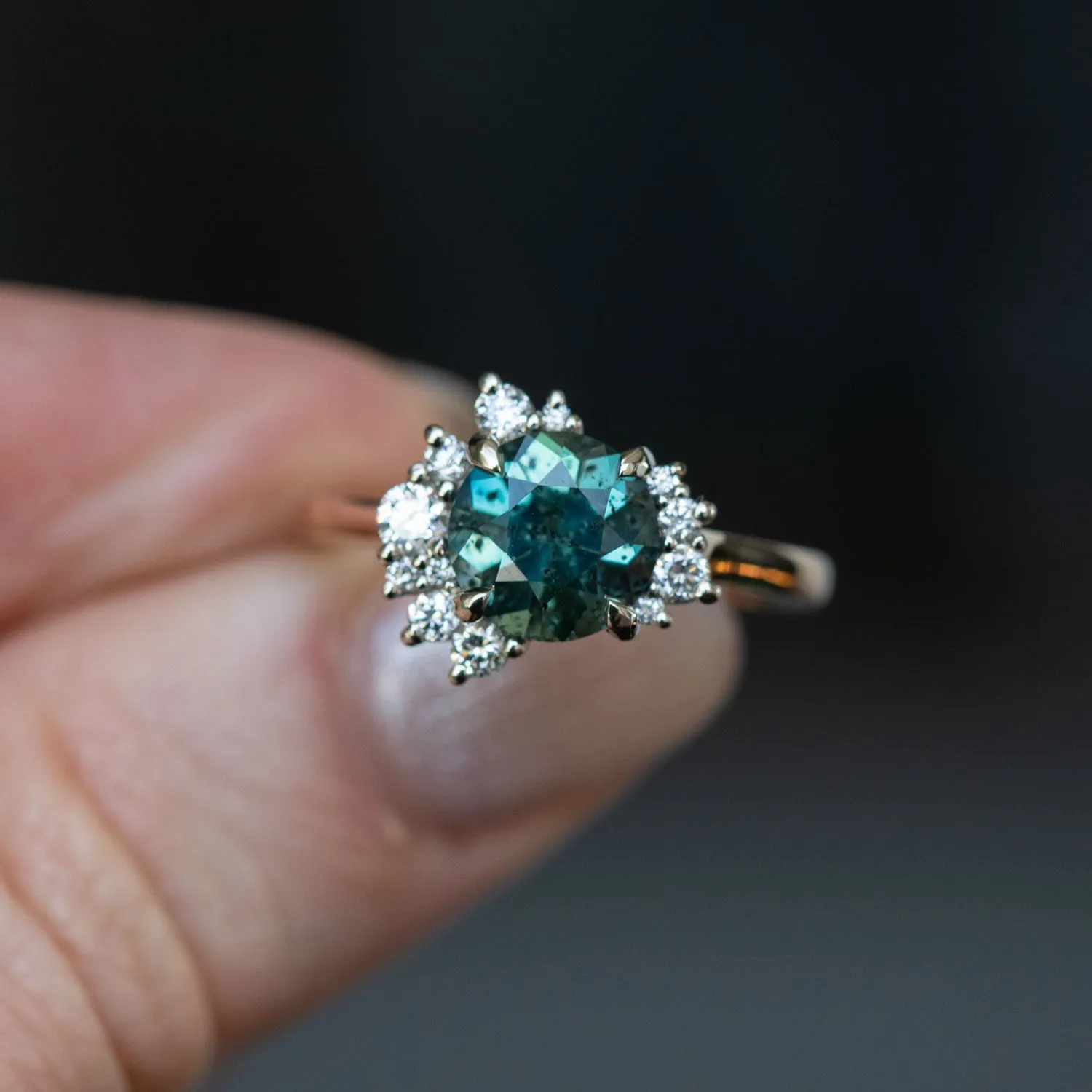 1.94ct Teal Galaxy Sapphire and Asymmetrical Diamond Cluster Ring in Two Tone 14k White and 14k Yellow Gold