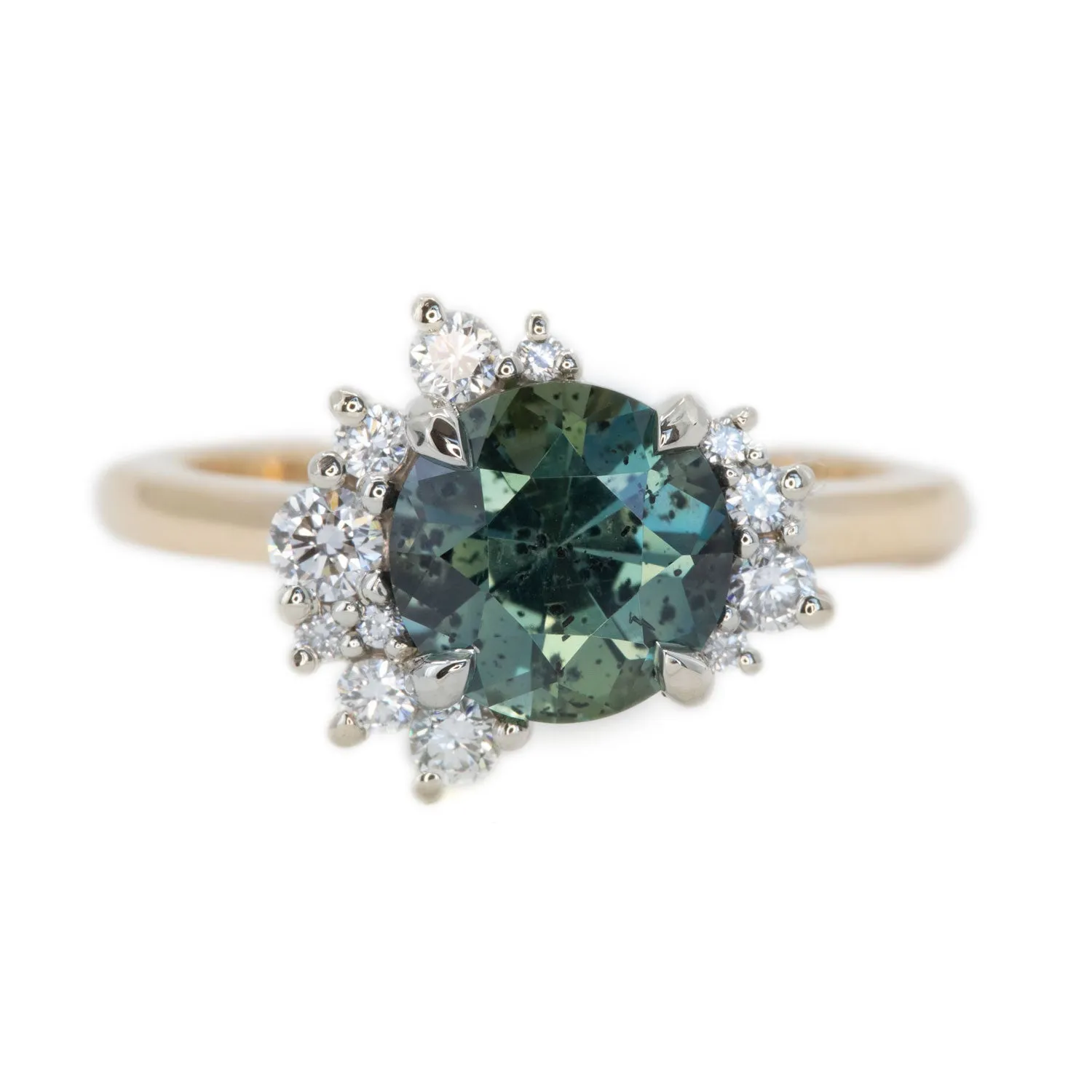 1.94ct Teal Galaxy Sapphire and Asymmetrical Diamond Cluster Ring in Two Tone 14k White and 14k Yellow Gold