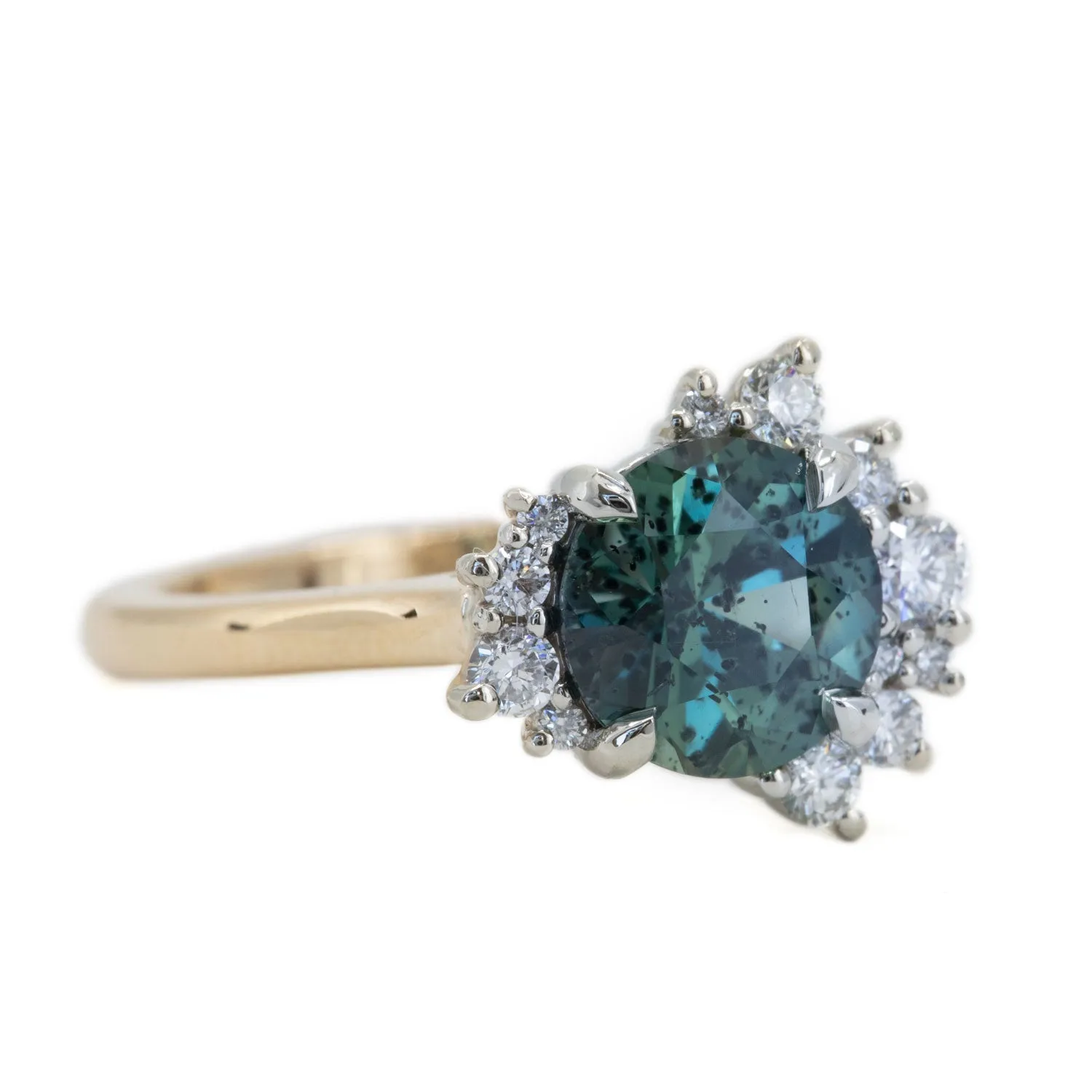 1.94ct Teal Galaxy Sapphire and Asymmetrical Diamond Cluster Ring in Two Tone 14k White and 14k Yellow Gold