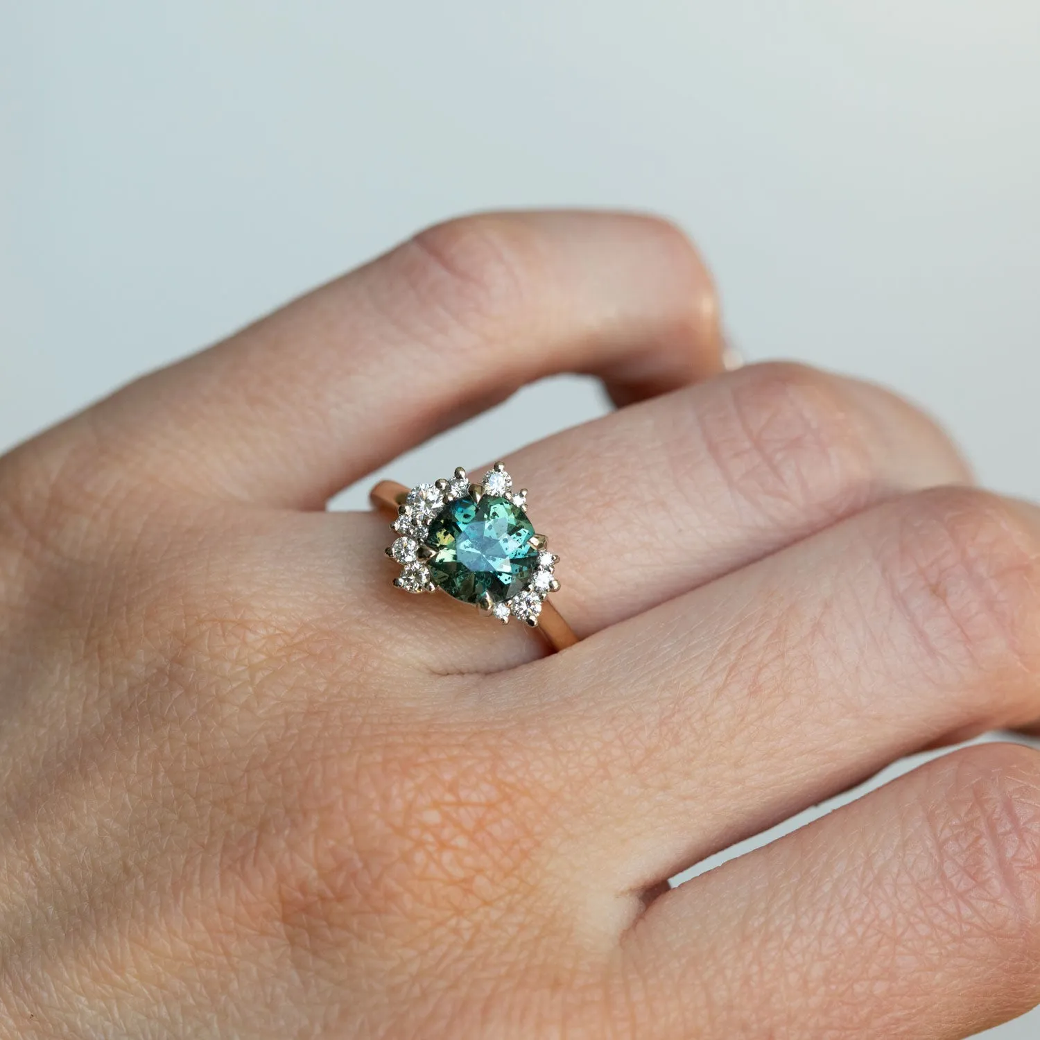 1.94ct Teal Galaxy Sapphire and Asymmetrical Diamond Cluster Ring in Two Tone 14k White and 14k Yellow Gold