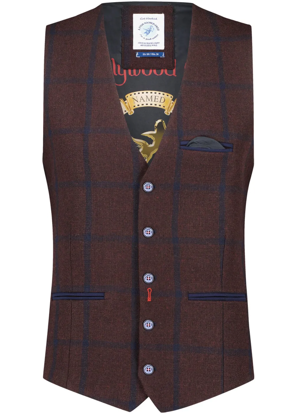 A Fish Named Fred Mens Big Check Waistcoat Chili Red