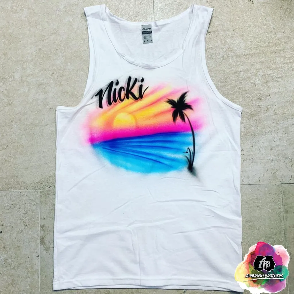 Airbrush Beach Sunset with Palm Tree Shirt Design