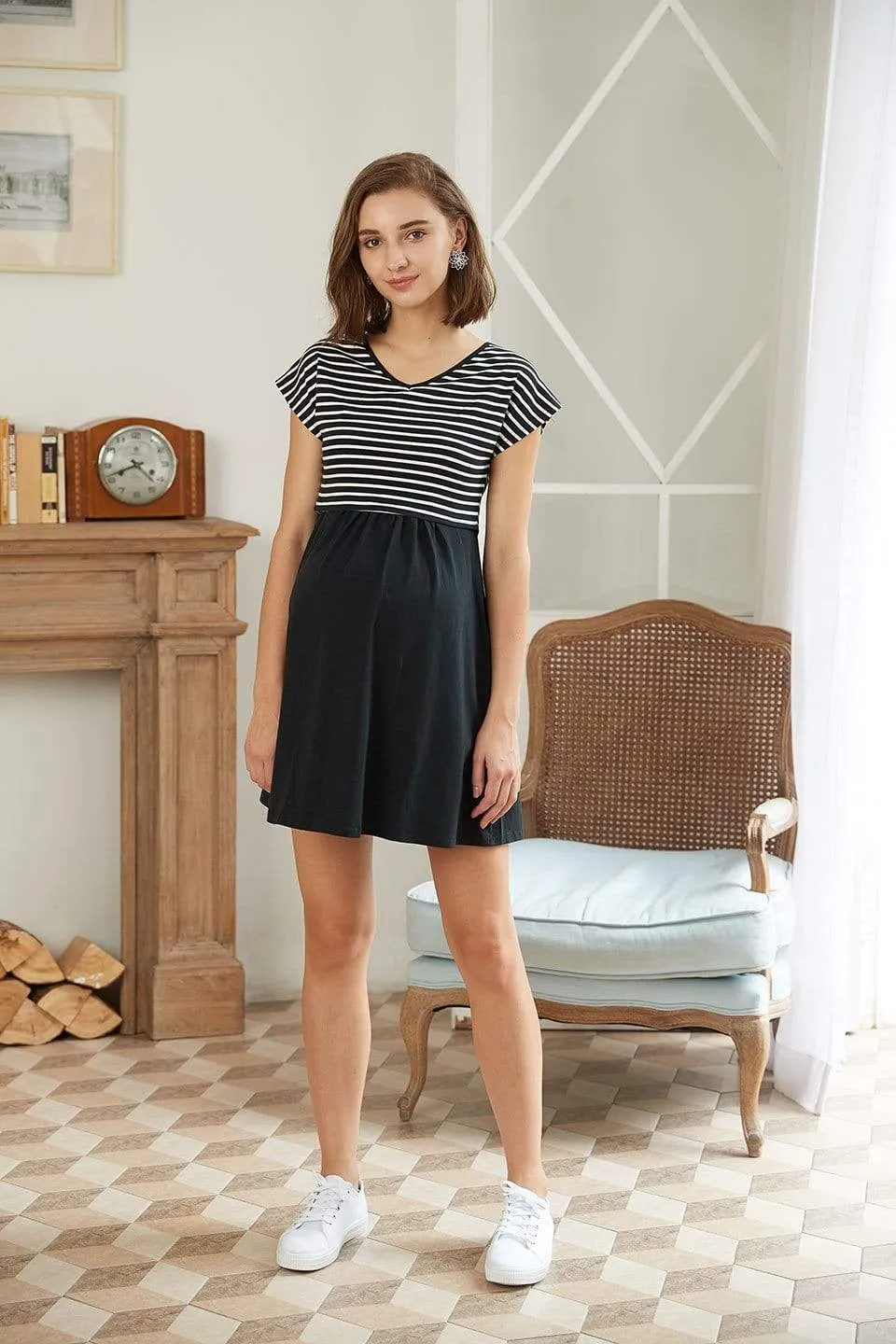 Anisha Black Stripe Cap Sleeve Nursing Dress