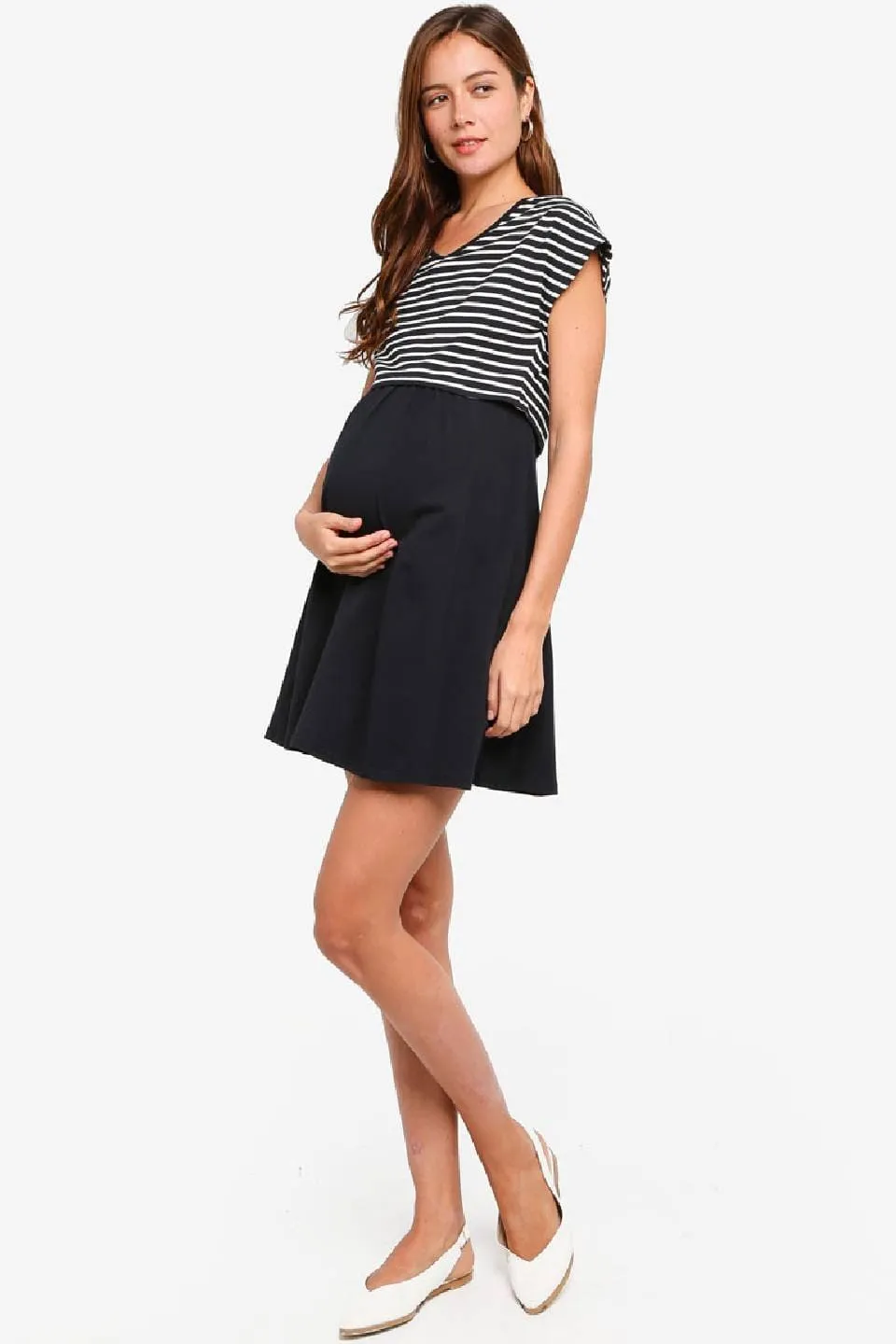 Anisha Black Stripe Cap Sleeve Nursing Dress