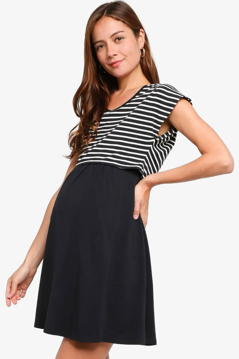 Anisha Black Stripe Cap Sleeve Nursing Dress