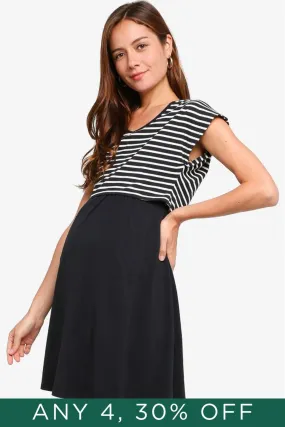 Anisha Black Stripe Cap Sleeve Nursing Dress