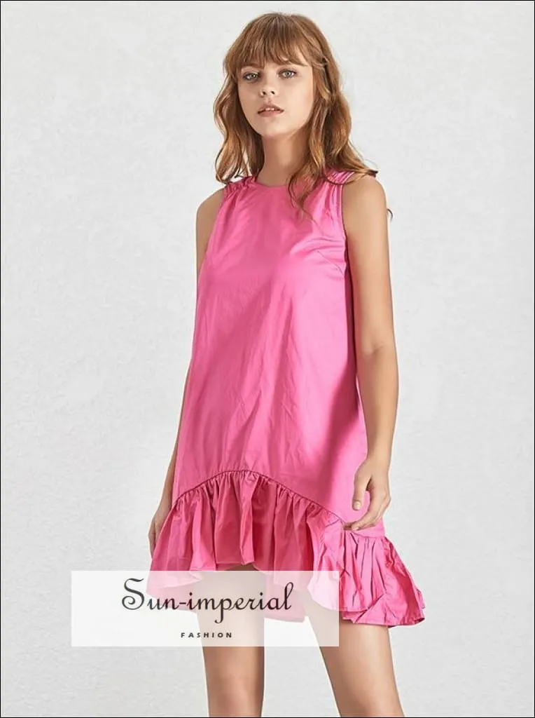 Annabella Dress in Rose - Casual Mini Asymmetrical Women's Dress Sleeveless Loose Cut