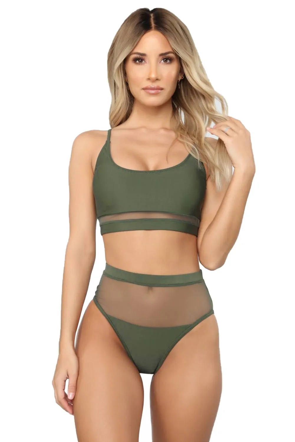 Army Green Mesh Patchwork High waist Bikini Set