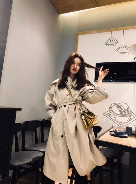 Autumn Khaki Long Windbreaker Fashion Trend Double-Breasted Loose Long Trench Coat