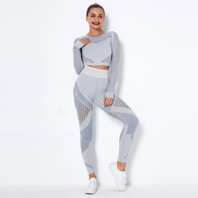 Autumn Seamless Yoga Set Women Gym Clothes Long Sleeve Crop Top Hollow Out Leggings Tracksuit Workout Sports Fitness 2 Piece