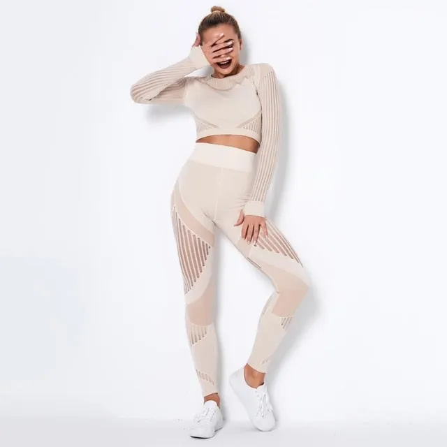 Autumn Seamless Yoga Set Women Gym Clothes Long Sleeve Crop Top Hollow Out Leggings Tracksuit Workout Sports Fitness 2 Piece