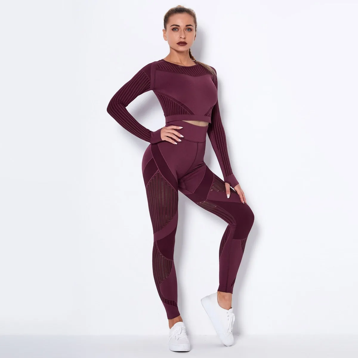 Autumn Seamless Yoga Set Women Gym Clothes Long Sleeve Crop Top Hollow Out Leggings Tracksuit Workout Sports Fitness 2 Piece