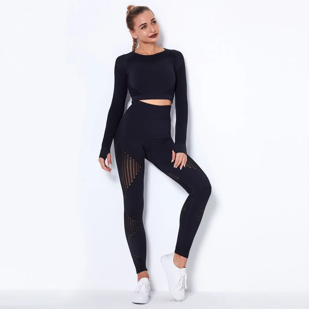 Autumn Seamless Yoga Set Women Gym Clothes Long Sleeve Crop Top Hollow Out Leggings Tracksuit Workout Sports Fitness 2 Piece