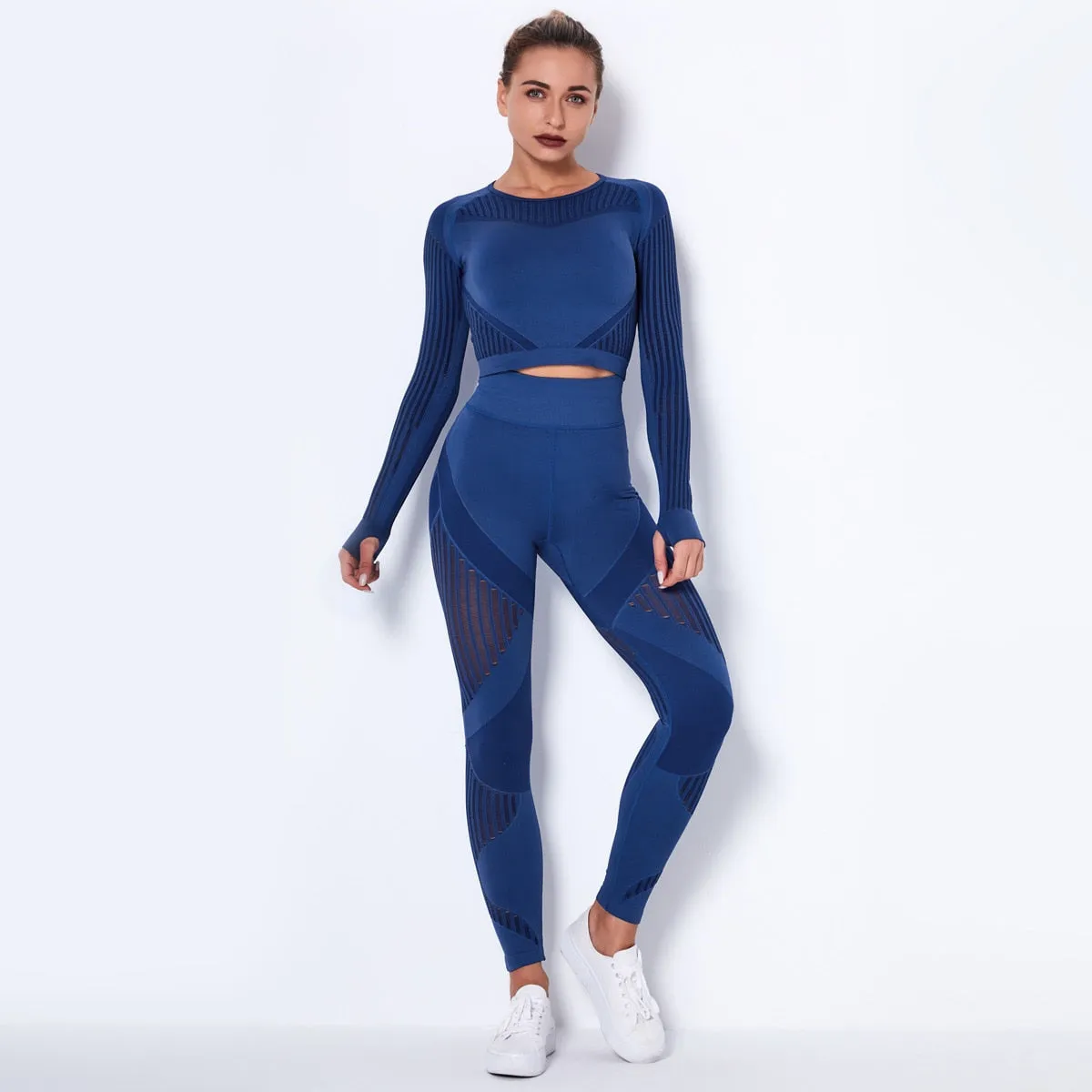 Autumn Seamless Yoga Set Women Gym Clothes Long Sleeve Crop Top Hollow Out Leggings Tracksuit Workout Sports Fitness 2 Piece