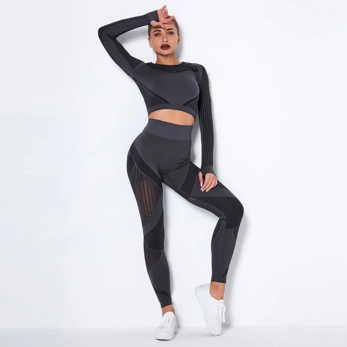 Autumn Seamless Yoga Set Women Gym Clothes Long Sleeve Crop Top Hollow Out Leggings Tracksuit Workout Sports Fitness 2 Piece