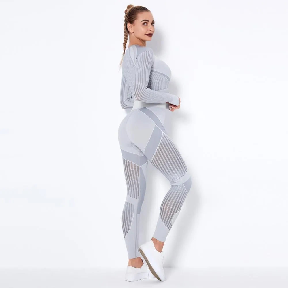 Autumn Seamless Yoga Set Women Gym Clothes Long Sleeve Crop Top Hollow Out Leggings Tracksuit Workout Sports Fitness 2 Piece