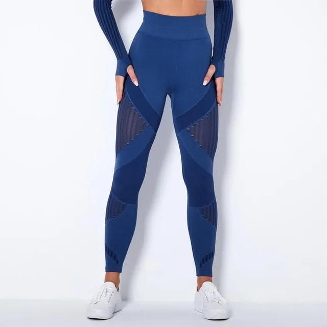 Autumn Seamless Yoga Set Women Gym Clothes Long Sleeve Crop Top Hollow Out Leggings Tracksuit Workout Sports Fitness 2 Piece