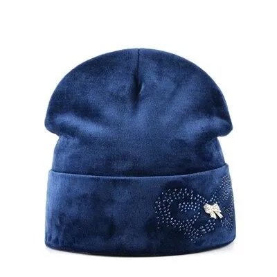 Autumn Winter Velvet and Butterfly Rhinestone Beanies Cap for Women