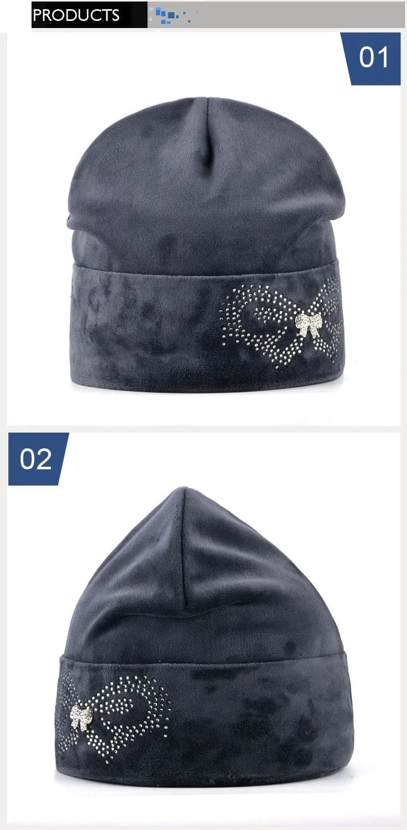 Autumn Winter Velvet and Butterfly Rhinestone Beanies Cap for Women