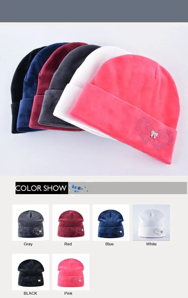 Autumn Winter Velvet and Butterfly Rhinestone Beanies Cap for Women