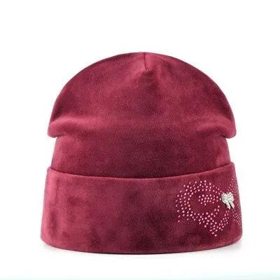 Autumn Winter Velvet and Butterfly Rhinestone Beanies Cap for Women