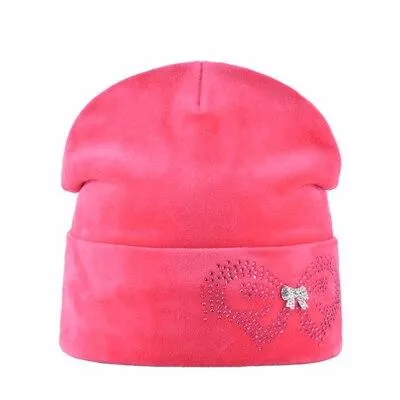 Autumn Winter Velvet and Butterfly Rhinestone Beanies Cap for Women