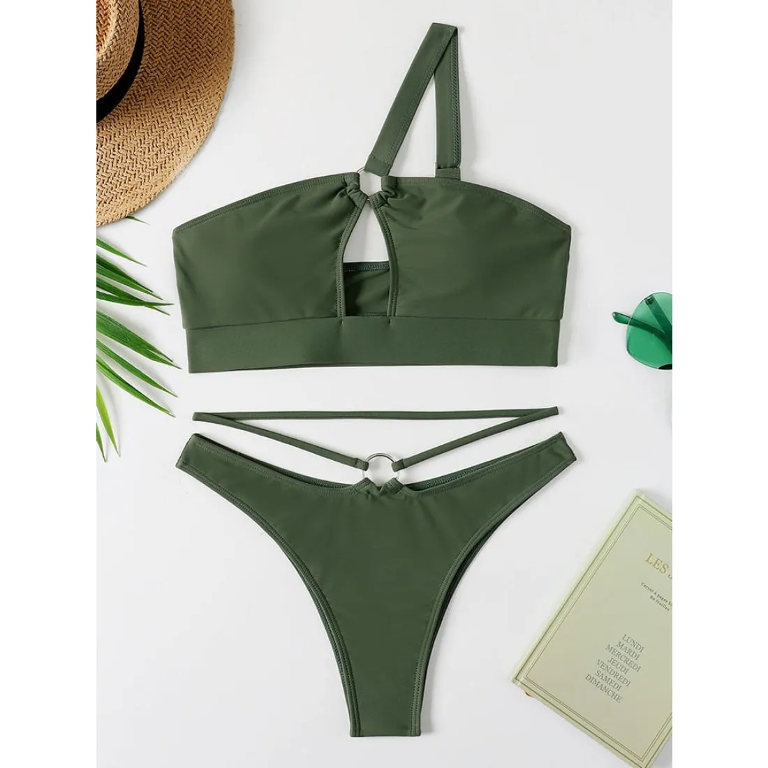 Bandeau Swimsuit Off Shoulder Hollow Out Solid Color Bra and Thong Bikini Set