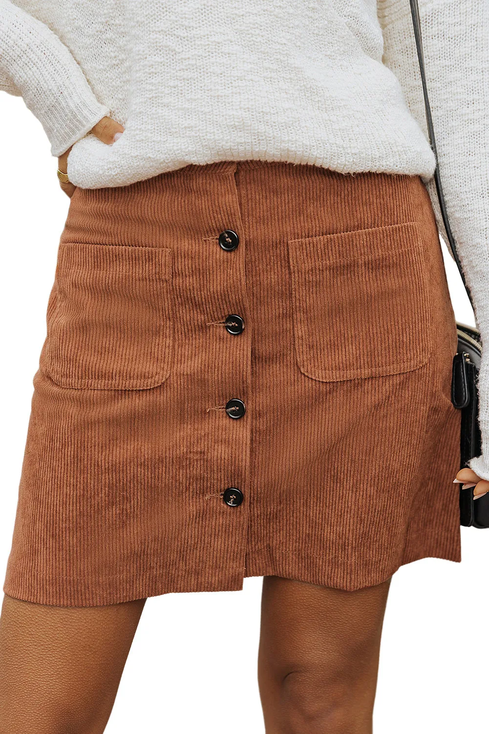 Beige Button Front Curduroy Mini Skirt