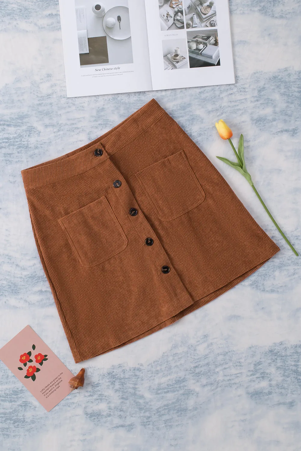 Beige Button Front Curduroy Mini Skirt