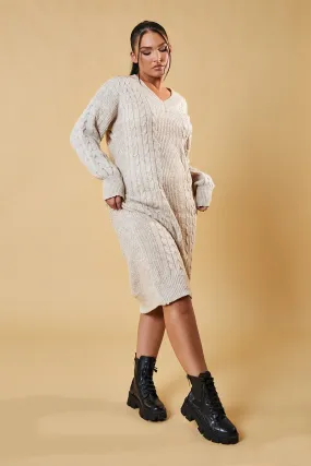 Beige Cable Knit Oversized Midi Dress - Maple