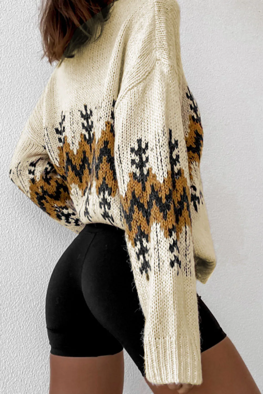 Beige Christmas Tree Print V Neck Knit Sweater