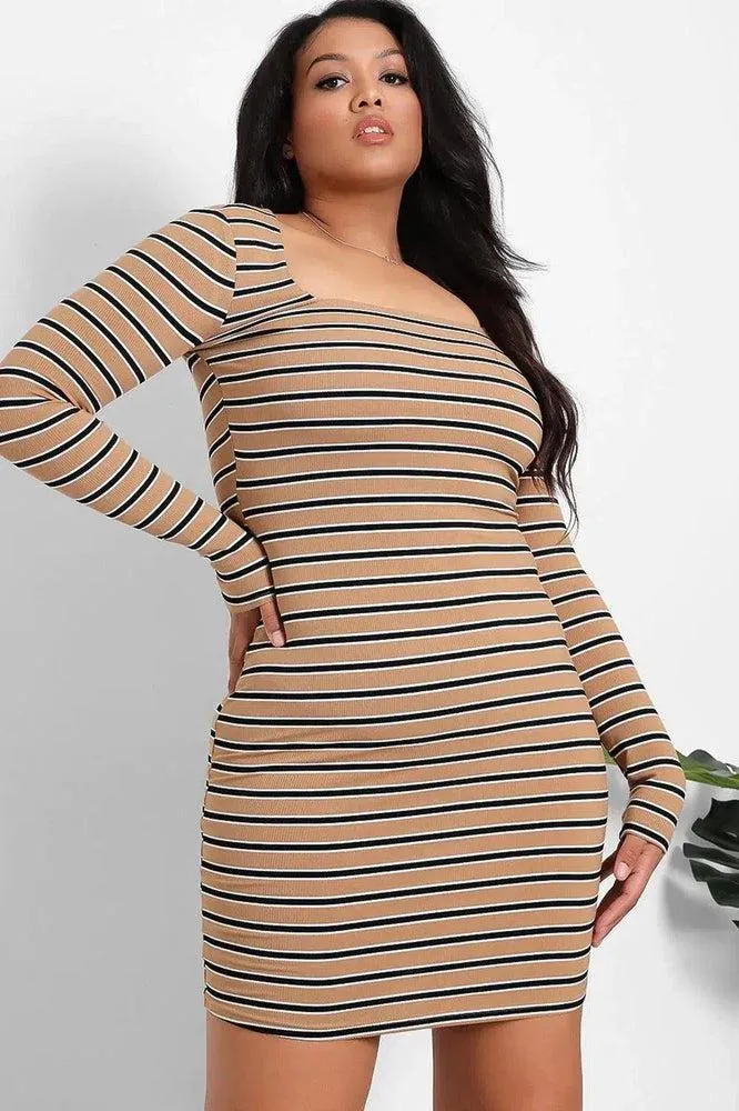 Beige Square Neckline Stripy Dress