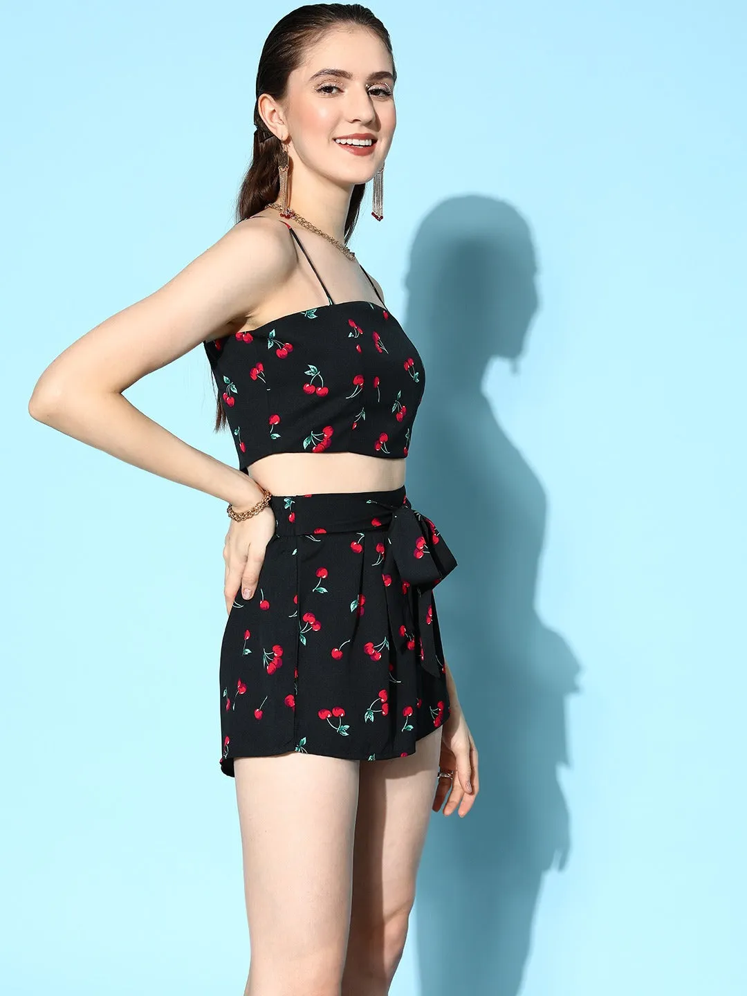 Berrylush Women Black & Red Cherry Printed Square Neck Crop Top & Tie-Up Front Shorts With Shrug