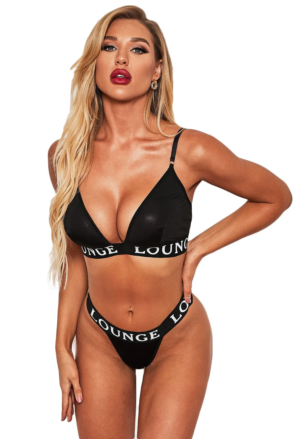 Black Deep Neck Triangle Bra & Thong Bralette Set