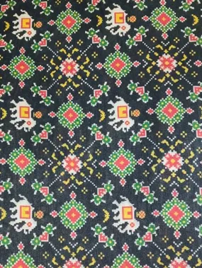 Black Digital Printed Tussar Silk Fabric ( 1 Mtr )