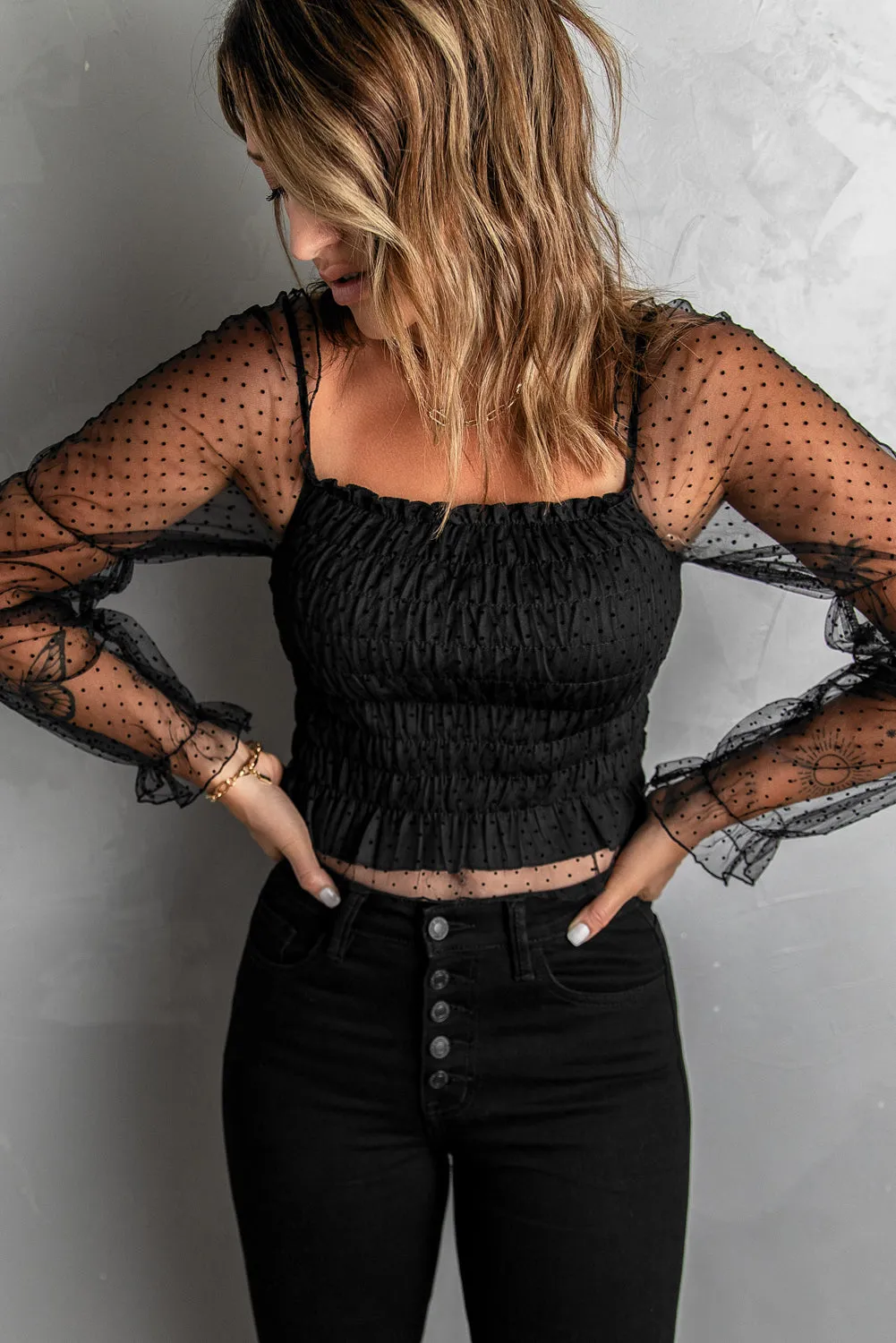 Black Dotted Off Shoulder Smocked Crop Top