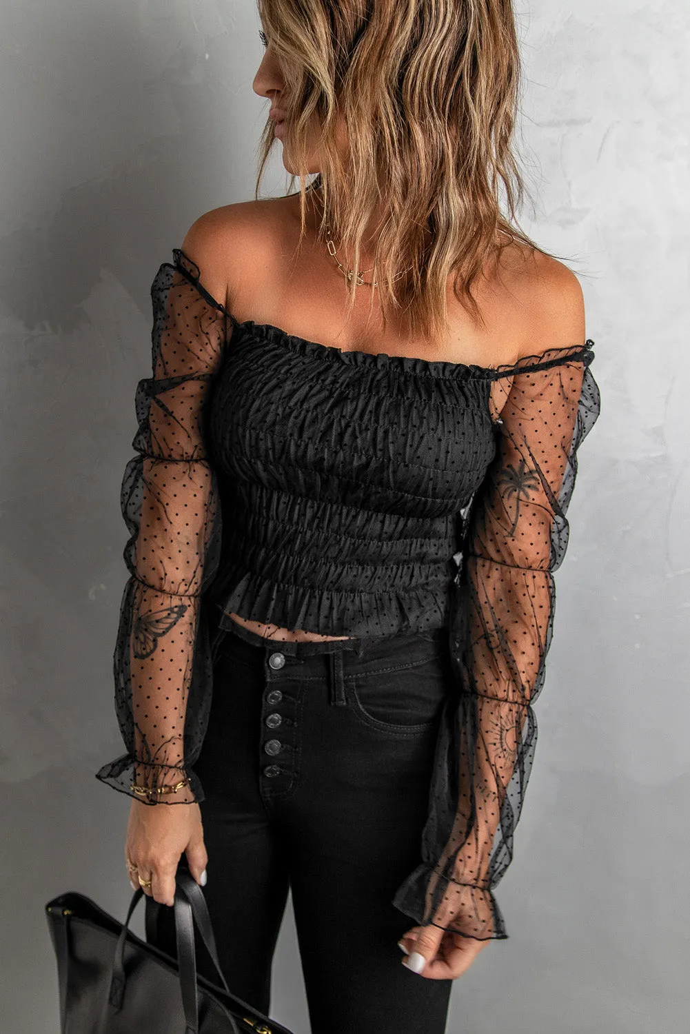 Black Dotted Off Shoulder Smocked Crop Top