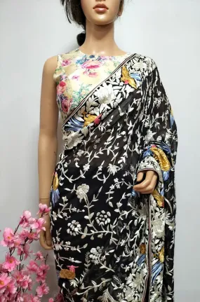 Black Hand Embroidered Parsi Gara Pure Georgette Floral And Bird Design Saree