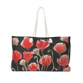 Black Red Poppy Weekender Bag, Flowers Floral Print Oversized 24"x13" Large Tote Bag - Made in USA