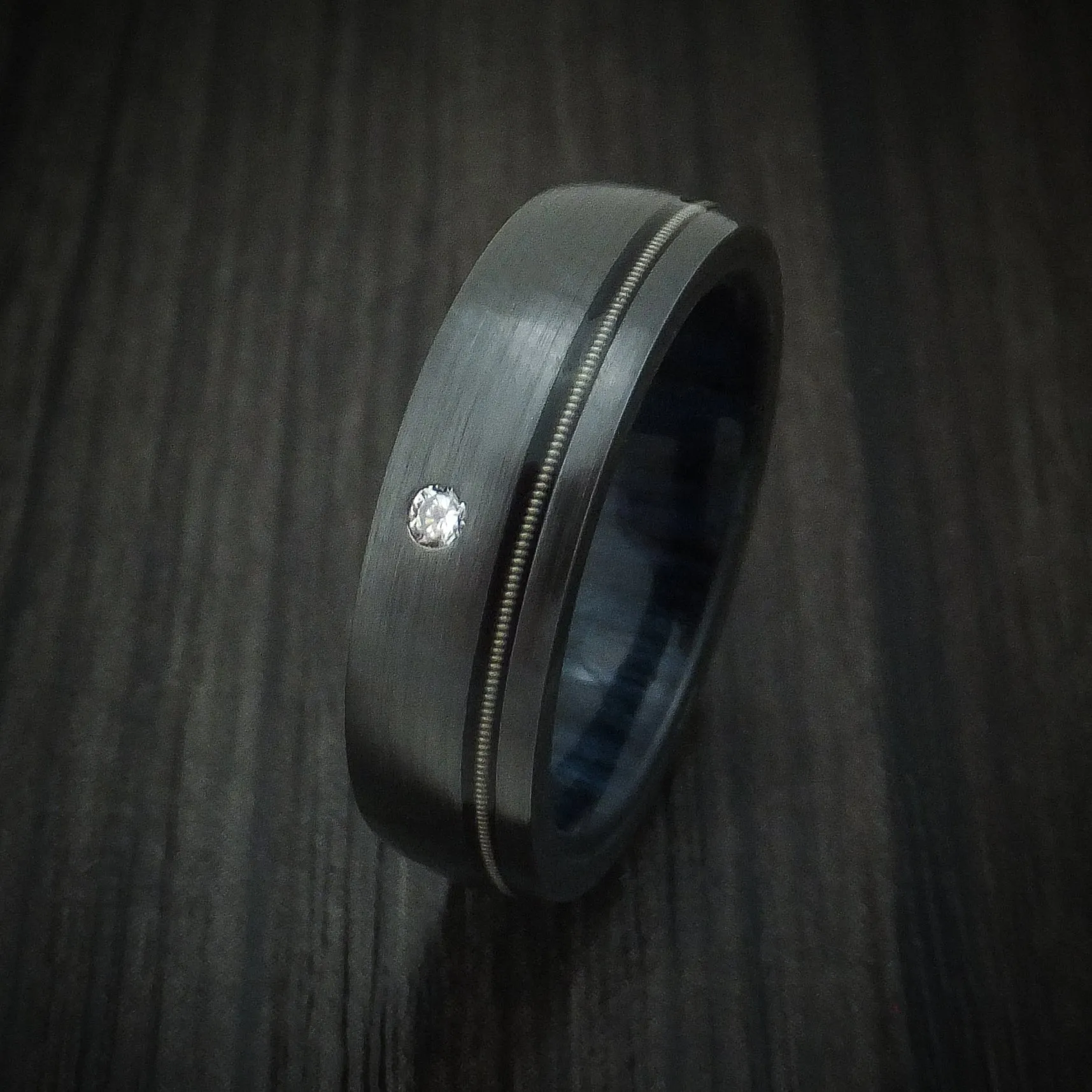 Black Zirconium Guitar String Men's Ring with Diamond and Wood Sleeve Custom Made