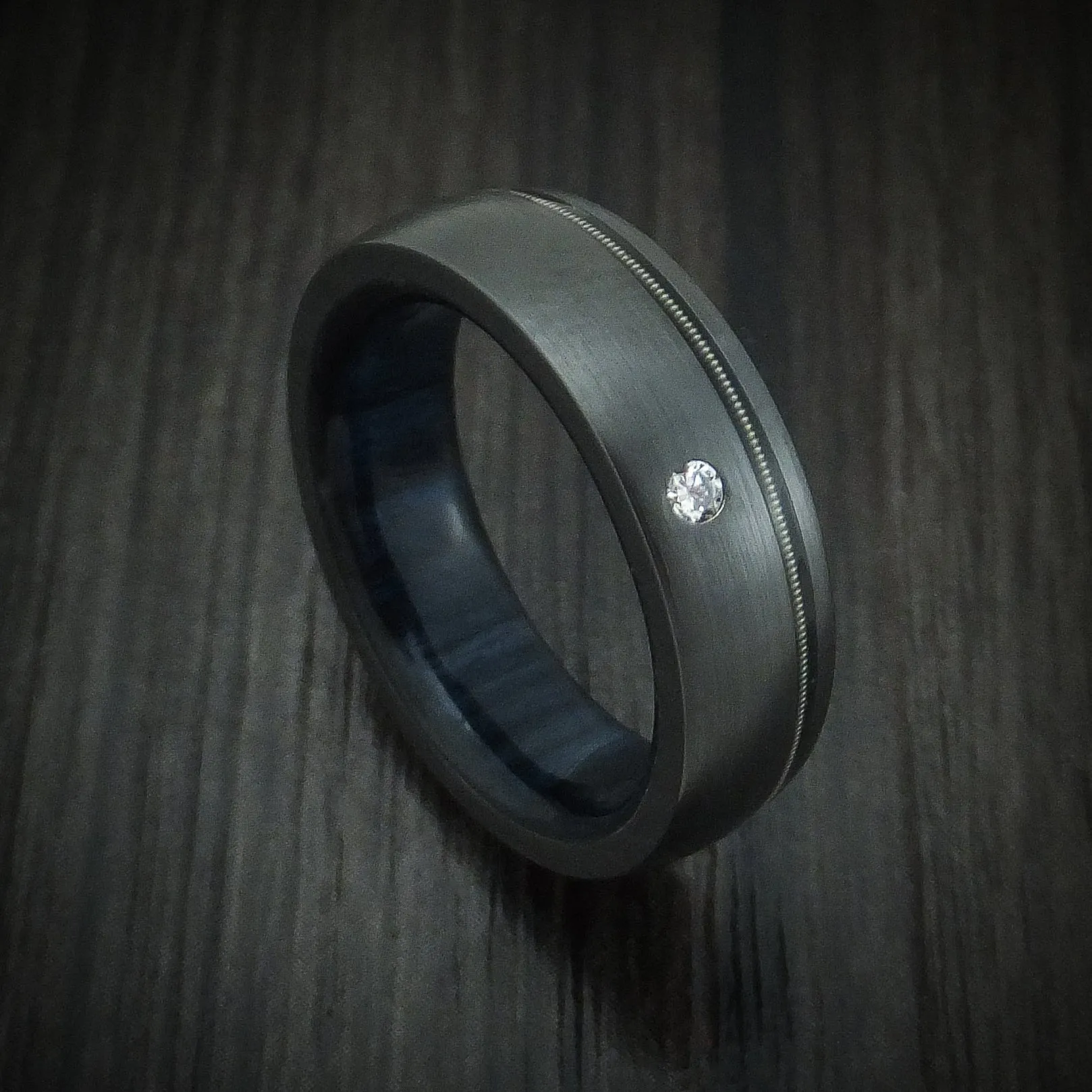 Black Zirconium Guitar String Men's Ring with Diamond and Wood Sleeve Custom Made