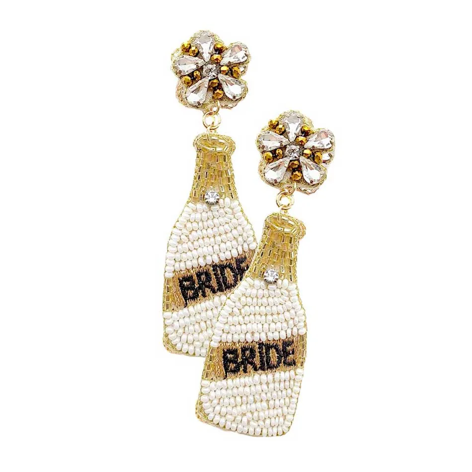 Bride Felt Back Seed Beaded Champagne Dangle Earrings