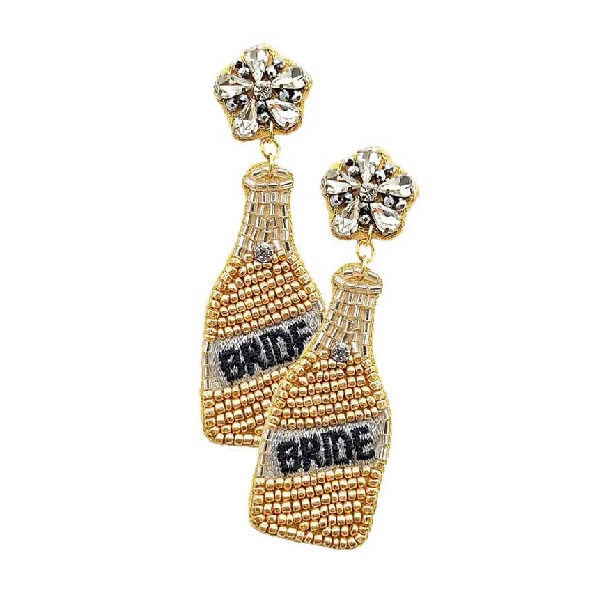 Bride Felt Back Seed Beaded Champagne Dangle Earrings