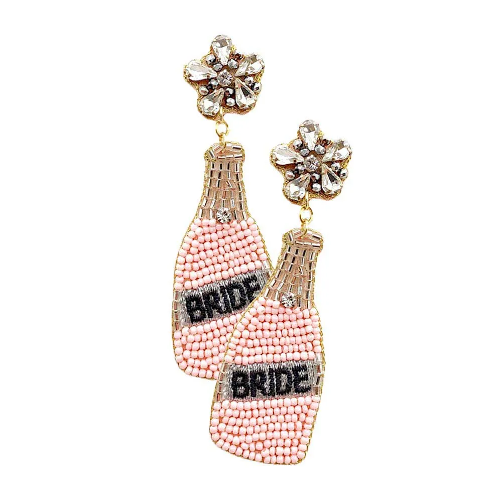 Bride Felt Back Seed Beaded Champagne Dangle Earrings