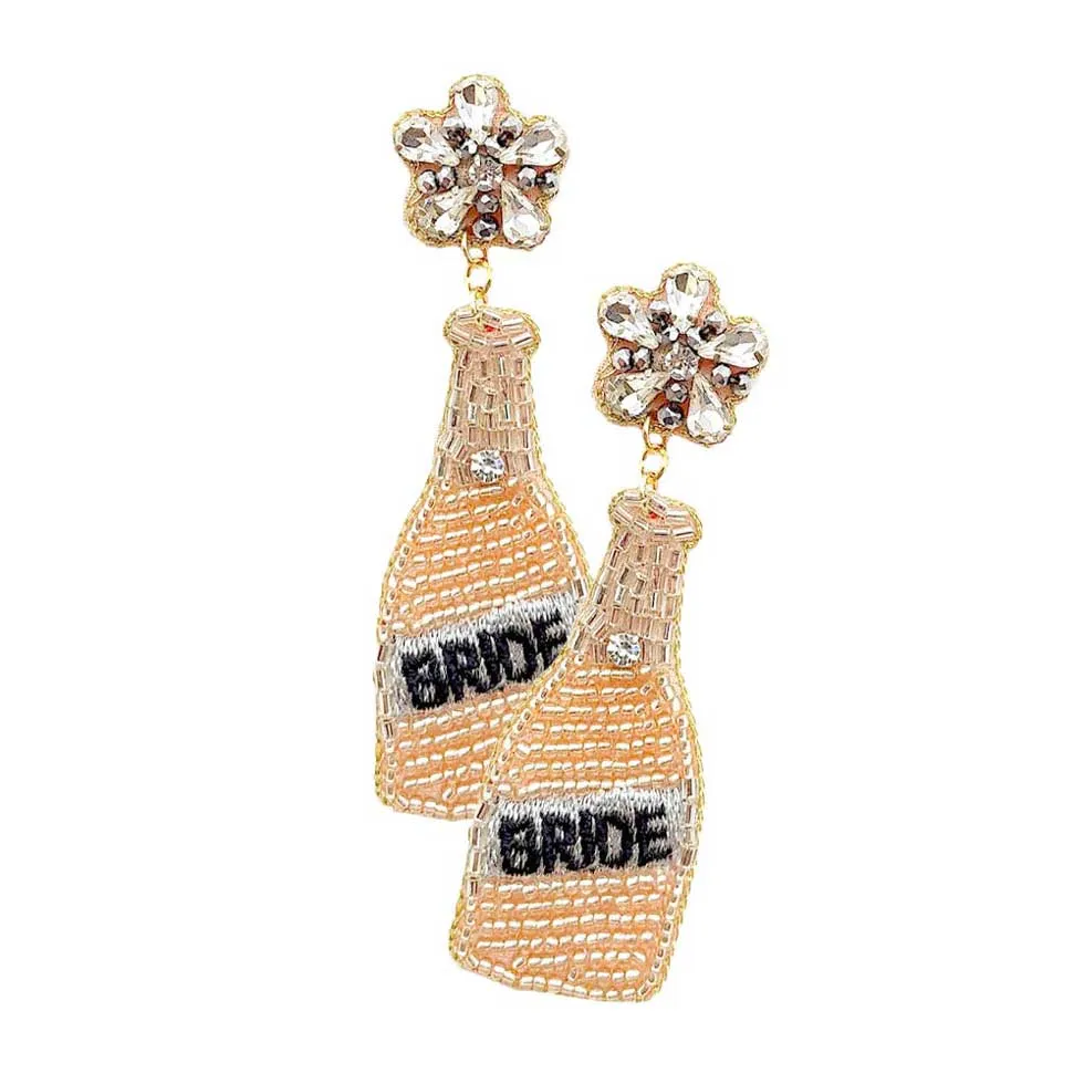 Bride Felt Back Seed Beaded Champagne Dangle Earrings