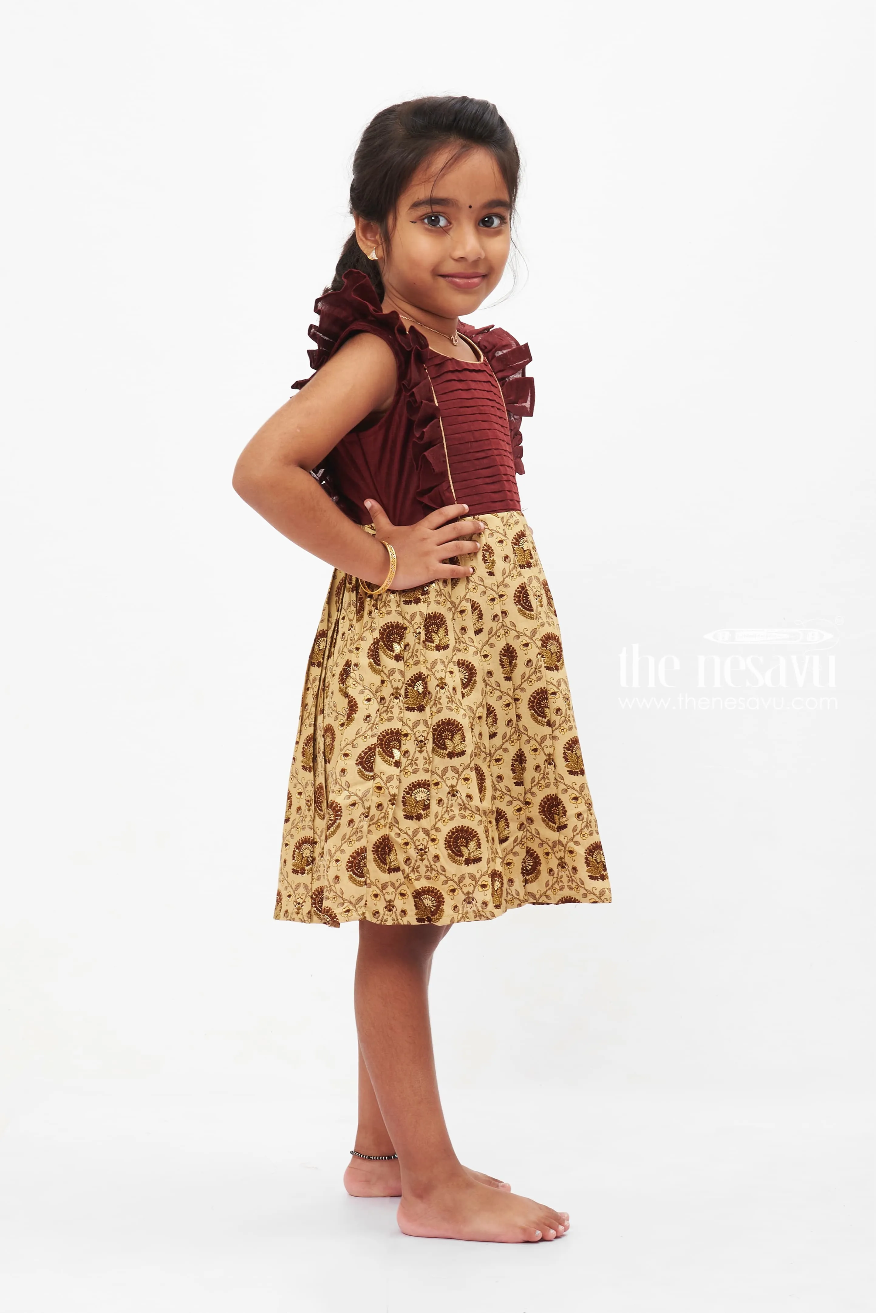 Brown Elegance Ruffled Frock with Beige Paisley Print for Babies